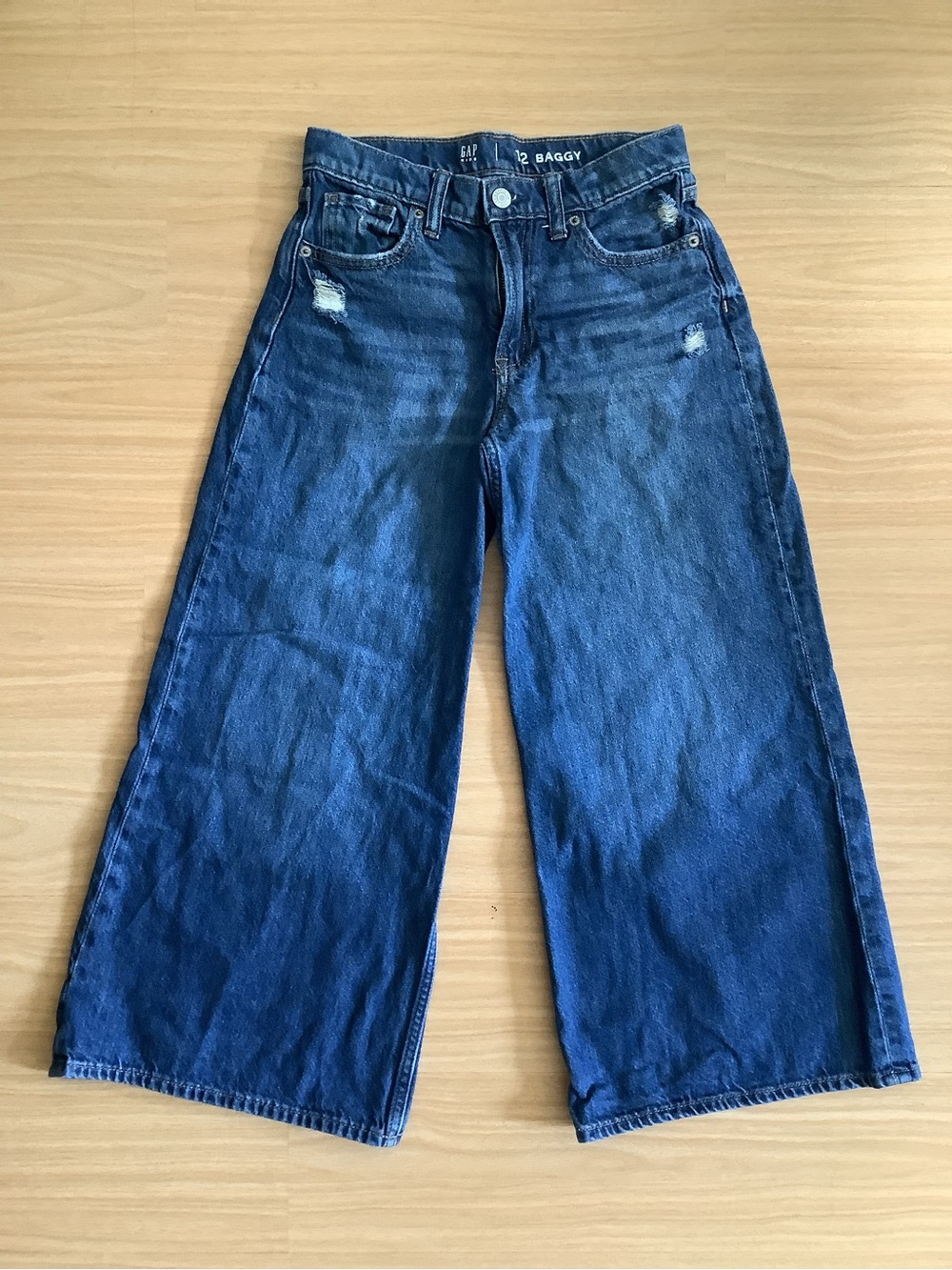 Gap Kids Baggy Distressed Wide Leg Medium Wash Denim Jeans, Size 12 Adjustable
